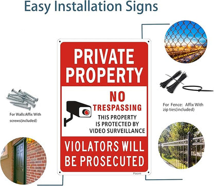 (2 Pack) Large No Trespassing Signs Private Property, Violators Will Be Prosecuted,14"x10".04" Aluminum Reflective Metal Sign,Weather Resistant, Waterproof, Durable Ink, Easy to Mount