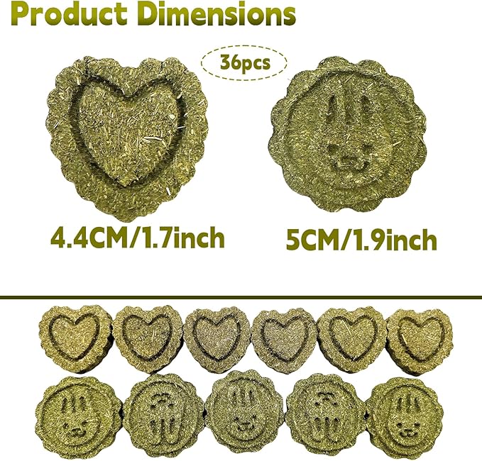 Hamiledyi 36PCS Bunny Chew Toys for Teeth Grinding Natural Timothy Hay Grass Cakes for Rabbits Guinea Pigs Chinchillas Gerbils Hamsters Improves Dental Health