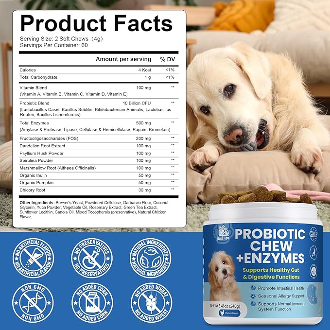 Probiotics Dog Allery Chews for Dogs, Improve Itchy Skin Itchy Ears, Yeast Balance, Gut Health, Probiotics (10 Billion CFU) for Dog Immune Health & Allergy Relief Chews + Vitamins Blend