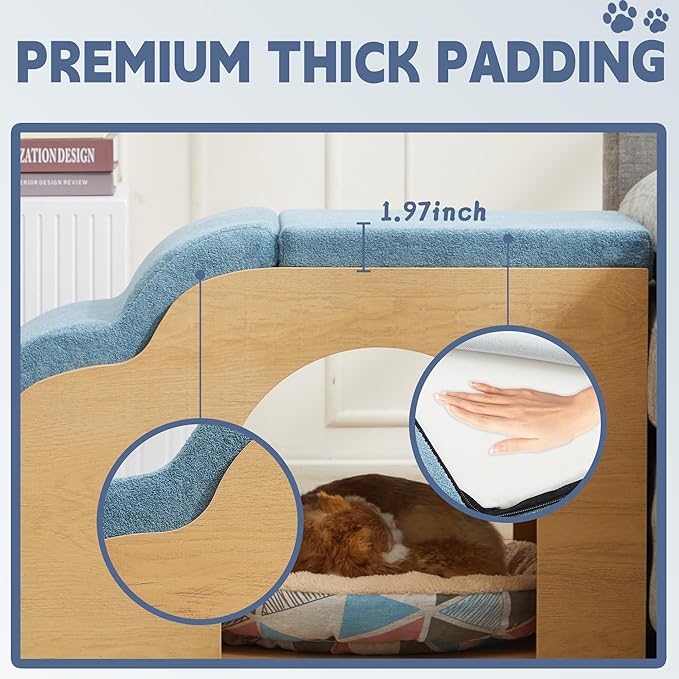 40.9" Lx15.7 Wx17.7 H Dog Ramp and Stairs for Beds,Up to 200 lbs Durable Wooden Dog Steps with Storage&Hideout Space,Curved Pet Stairs for Couch,Sofa, with Washable Cover&High Density Foam-Blue