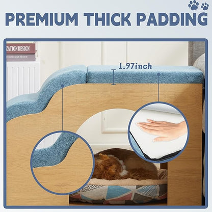 40.9" Lx15.7 Wx17.7 H Dog Ramp and Stairs for Beds,Up to 200 lbs Durable Wooden Dog Steps with Storage&Hideout Space,Curved Pet Stairs for Couch,Sofa, with Washable Cover&High Density Foam-Blue