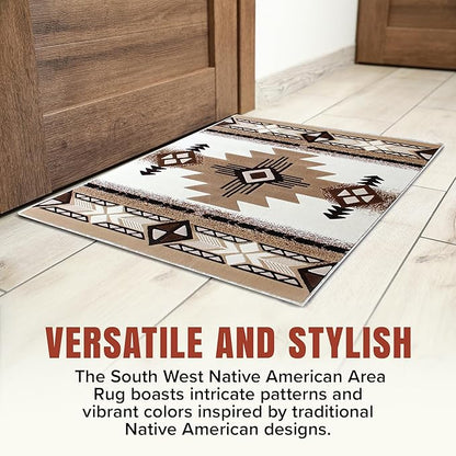 YHSF South West Native American Area Rug C318 - Easy Clean, Thick, Soft, Durable Native Tribal American Indian Inspired Rug for Bedroom/Living Room and more - Ivory, 3 Feet 10 Inches x 5 Feet 2 Inches