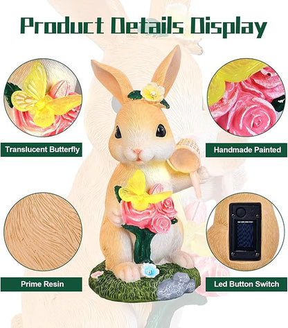 NYUWOAURC Garden Statues Rabbit with Solar Light,Bunny Outdoor Garden Decor Ornaments for Patio Yard Art,Birthday Easter House Warming Garden Gift for Women Mom,Resin Animal Figurine with Wider Base