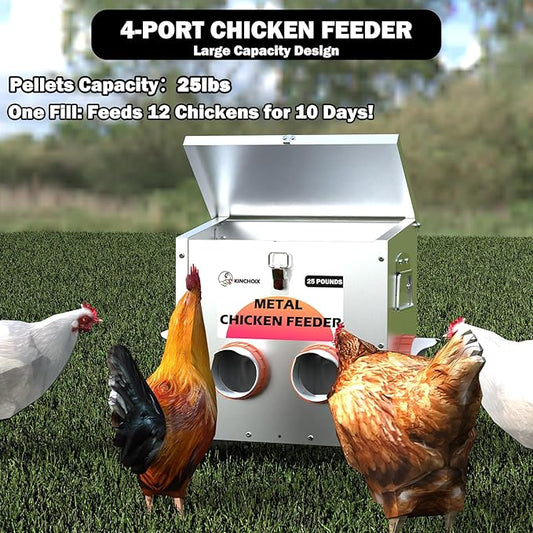 Kinchoix Metal Chicken Feeder Large Capacity 25lbs Automatic Metal Chicken Feeders No Waster Weatherproof Poultry Feeder for Chickens, Geese, Ducks, Turkeys (4-Port)