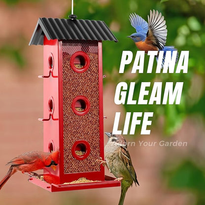 Shineforu All Metal Bird Feeder for Outdoors Hanging | 14-Port Multi-Bird Viewing | Rust-Proof, Waterproof & Easy-Clean | Attracts Cardinals, Finches, Chickadees & More (Elegant Red & Black)