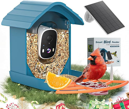 Smart Bird Feeder with Camera Solar Powered for Outdoors 2K FHD AI Recognition Hanging Bird Feeder Camera for Outside Backyard Garden, Gifts for Birdlover Mom Dad Kid (Deep Blue and Orange)