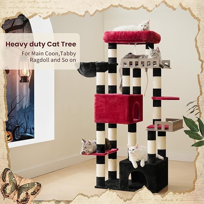 Maine Coon Cat Tree, Heavy Duty Cat Tree for Indoor Cats Large Adult, Gothic Cat Tower for Large Cats 20 lbs+ with Hammock, 2 Big Perches, 2 Cat Condos, 15 Scratching Posts, Black GCT033BR