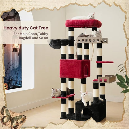 Maine Coon Cat Tree, Heavy Duty Cat Tree for Indoor Cats Large Adult, Gothic Cat Tower for Large Cats 20 lbs+ with Hammock, 2 Big Perches, 2 Cat Condos, 15 Scratching Posts, Black GCT033BR