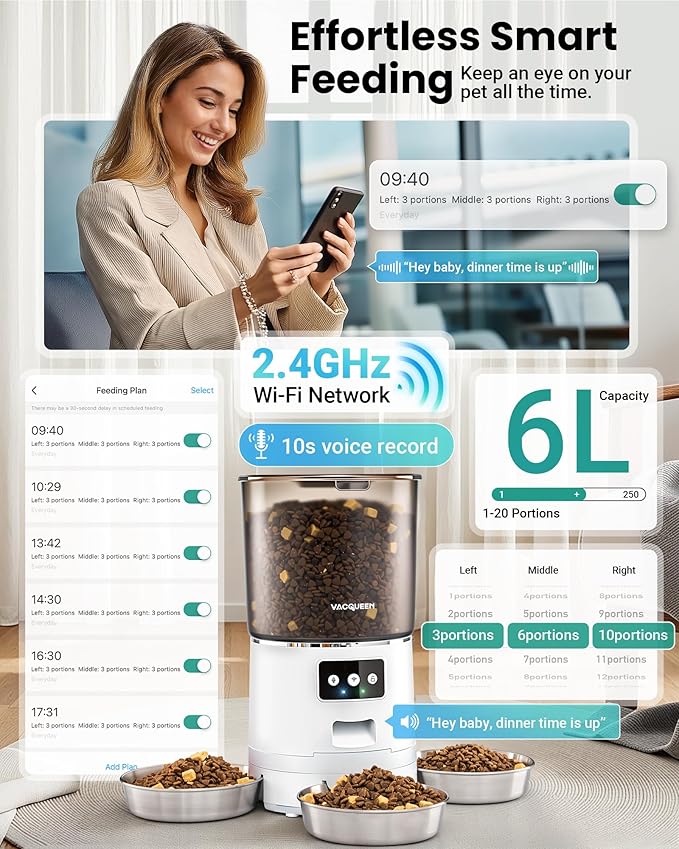 Vacqueen Automatic Cat Feeder for 3 Cats, 6L/25 Cups Smart WiFi Pet Feeder, Strong Anti-Jam System, Dual-Effect Desiccant Cat Food Dispenser, with 10S Voice Recorder for Cats and Small Dog(White)