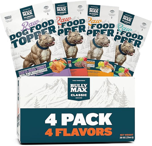 Bully Max Freeze-Dried Raw Dog Food Toppers for Puppies & Adult Dogs - 4 Variety Pack Puppy Treat or Dog Meal Enhancers with Fruits & Veggies - Rich in Vitamins & Minerals for Small & Large Breed Dogs