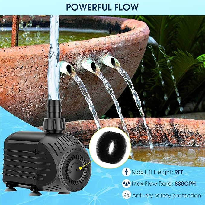 NFESOLAR Submersible Water Pump 880GPH, 60W Ultra Quiet Fountain Pump with Dry Burning Protection 9ft High Lift for Fish Pond, Fountains, Waterfall, Hydroponics, Aquariums KF206