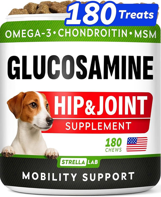 Glucosamine Treats for Dogs - Joint Supplement w/Omega-3 Fish Oil - Chondroitin, MSM - Advanced Mobility Chews - Joint Pain Relief - Hip & Joint Care - Chicken Flavor - 180 Ct - Made in USA