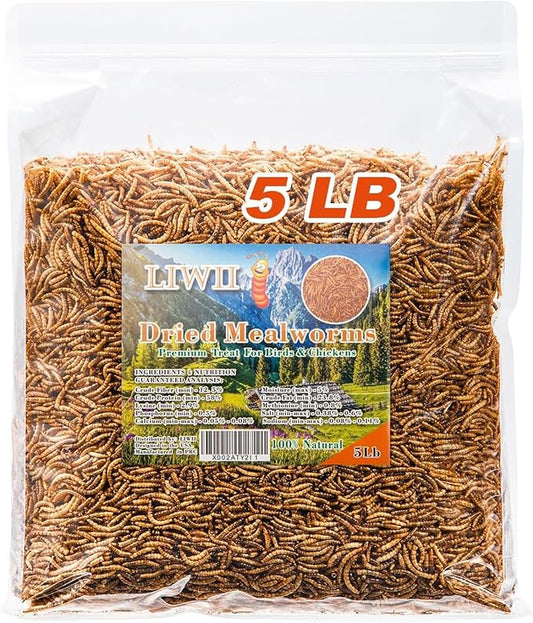 LIWII Dried Mealworms - 5 LBS - 100% Natural Non-GMO High Protein - Bulk Mealworms for Wild Birds, Chickens, Pet Treats & Reptile Food