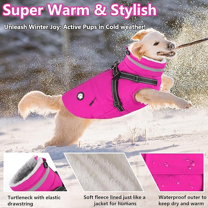 Dogcheer Dog Coat with Harness, Waterproof Dog Jacket Christmas Pet Winter Coat with Pockets, Reflective Doggy Turtleneck Fleece Jacket for Small Medium Large Dogs - Pink, XL