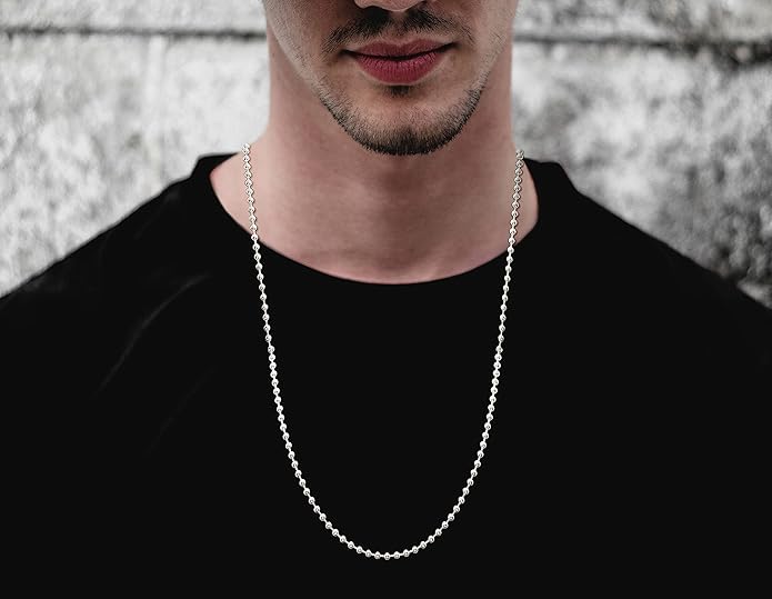 Savlano 925 Sterling Silver Italian Solid Bead Ball Dog Tag Chain Necklace Comes With Gift Box for Women & Men - Made in Italy