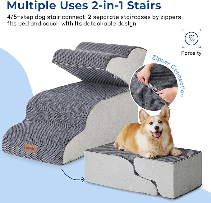 Dog Stairs Ramp for High Beds Up to 26" H - 5 Steps Pet Stairs for Couch, 35D Foam Dog Steps for Small to Large Dogs with Non-Slip Bottom Grey