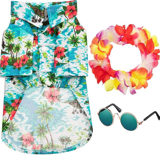 3 Pieces Small Dog Hawaiian Costume Puppy Halloween Cool T-Shirts Summer Clothes with Retro Sunglasses and Colorful Wreath Hawaiian Shirts Costume for Small to Medium Dogs Pet(Green Series)