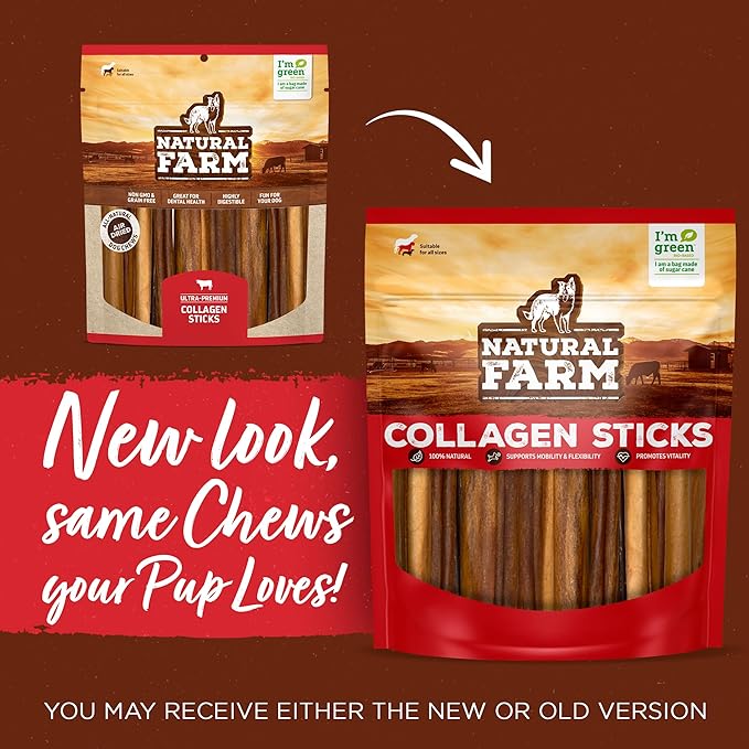 Natural Farm Peanut Butter Flavor Collagen Sticks for Dogs (6 Inch, 25 Count), Long-Lasting Beef Collagen Sticks, Rawhide Alternative Chews with Chondroitin & Glucosamine, Low-Fat Dental Treats