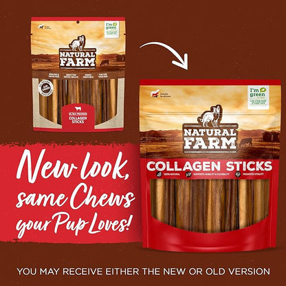 Natural Farm Peanut Butter Flavor Collagen Sticks for Dogs (3-5 Inch, 10 Pack), Long-Lasting Beef Collagen Sticks, Rawhide Alternative Chews with Chondroitin & Glucosamine, Low-Fat Dental Treats