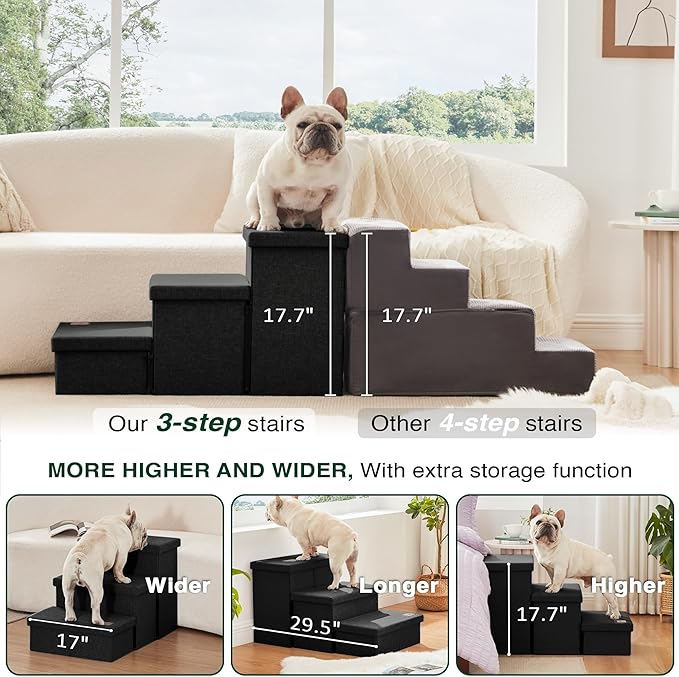Love's cabin Dog Stairs with Storage,3 Steps Wider Dog Steps for High Bed 18" H,Foldable Pet Stairs for Small Medium Large Dogs Cats for Bed Couch Car,Ramp with Zip up to 200 lbs,Black,No Condo
