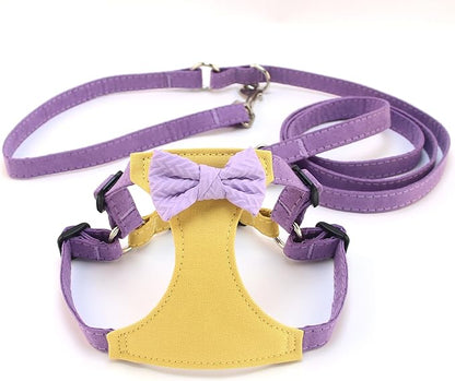 Small Dog Harness with Leash and Bow Tie, Cute Breathable Puppy Harness Easy for Walking, No Pull No Choke Escape Proof Pet Harness, Yellow & Purple XS