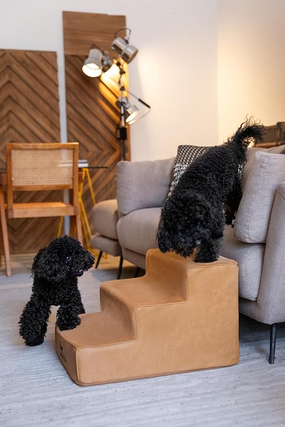 Noah & Paw Dog Stairs, Dog Ramp for Bed (16" Extra Wide) Pet Stairs for High Bed, Design to Fit Small and Large Breeds, Durable 3 Pet Steps for Couch (35 Foam Density) Leather Collection