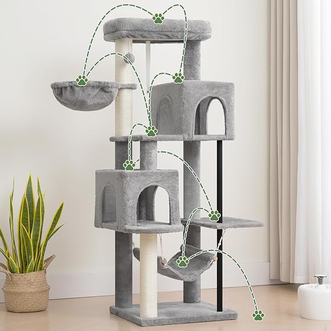 51.2'' Cat Tree Tower, Cat Tower with Scratching Post, Sturdy Steel Pube Cat Tree for Inoor Cats Large Adult, Cat Hammock and Basket, Padding Top Platform, Light Gray GCT014W