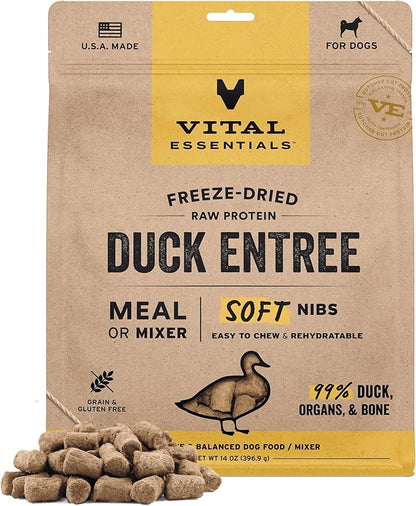 Vital Essentials Freeze-Dried Raw Duck Meal or Mixer Dog Food Soft Nibs | 99% Duck, Organs & Bone | 14 oz