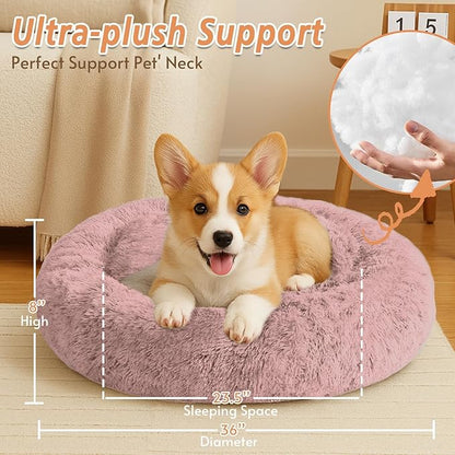 JOLLYVOGUE Small Dog & Cat Beds for Indoor Cats, Donut Cuddler Warming Soft Dog Beds with Anti-Slip Bottom, Round Calming Fluffy Plush Faux Fur Cushion Bed for Large Dogs (36", Dark Pink)