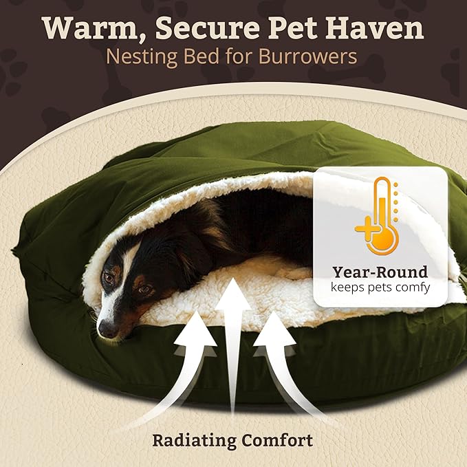 Snoozer Cozy Cave Dog Bed - Indoor Dog Bed with Cover Cave, Covered Calming Burrow for Medium & Large Sized Pets with Blanket Attached, Enclosed, Removable Washable Cover - XL, Olive