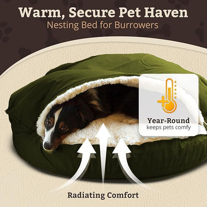 Snoozer Cozy Cave Dog Bed - Indoor Dog Bed with Cover Cave, Covered Calming Burrow for Medium & Large Sized Pets with Blanket Attached, Enclosed, Removable Washable Cover - XL, Olive