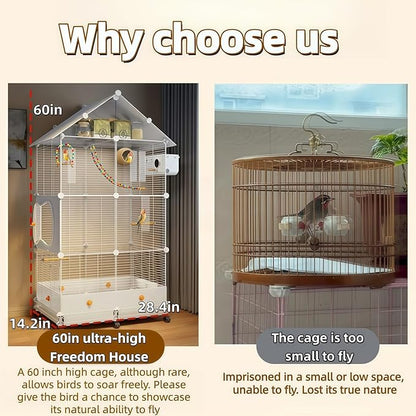 60in Large Flight Bird cage, Equipped with Bird's Nest， Ladder, Swing, Feeder, etc. with Wheels for Easy Outdoor Movement, Suitable for Parrots, Pigeons (White, 28.4" L x14.2W x 60" H)