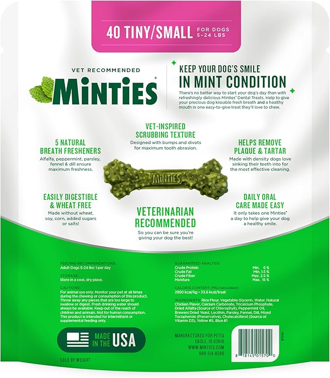 Minties Dog Dental Bone Treats, Tiny/Small Dental Dog Treats, 16 Ounces, Cleans Teeth, Fight Bad Breath, Removes Plaque and Tartar, 16 Count