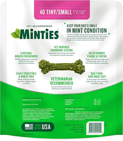 Minties Dog Dental Bone Treats, Tiny/Small Dental Dog Treats, 16 Ounces, Cleans Teeth, Fight Bad Breath, Removes Plaque and Tartar, 16 Count