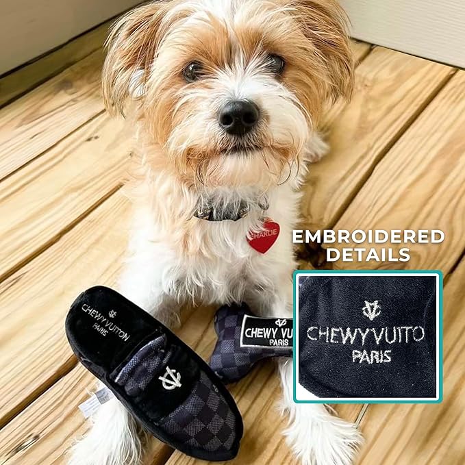 Haute Diggity Dog Black Checker Chewy Vuiton Loafer, Plush Designer Dog Toys with Interactive Squeaker, Stimulating Pet Enrichment, Machine-Washable & Safe Materials for All Breeds, One Size