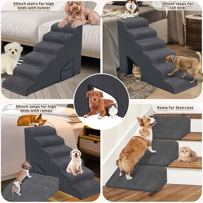 6 Steps Dog Stairs & Steps Ramps for High Beds 30 inches High Tall, LitaiL 6 Step Pet Stairs Steps for Small Large Dogs, Non-Slip Dog Ramps with 3 Pack Ramps for Staircase