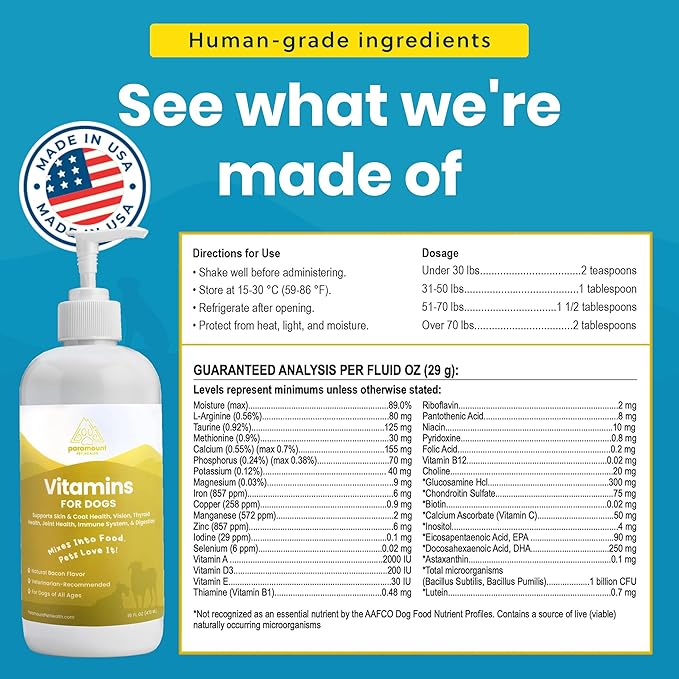 Paramount Pet Health Liquid Multivitamin for Dogs with Probiotics, 8 in 1 Vitamins for Immune Support, Energy & Digestion, High Absorption Liquid Dog Supplement, Made in USA, 16 oz