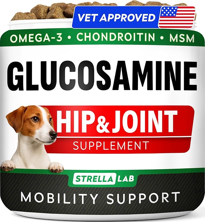 STRELLALAB Glucosamine Treats for Dogs - Joint Supplement w/Omega-3 Fish Oil - Chondroitin, MSM - Advanced Mobility Chews - Joint Pain Relief - Hip & Joint Care - Peanut Butter Flavor - 120 Ct