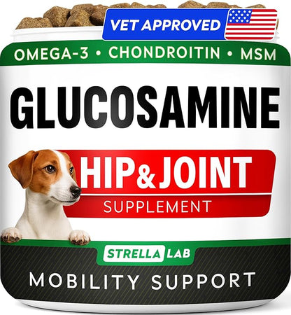 STRELLALAB Glucosamine Treats for Dogs - Joint Supplement w/Omega-3 Fish Oil - Chondroitin, MSM - Advanced Mobility Chews - Joint Pain Relief - Hip & Joint Care - Peanut Butter Flavor - 120 Ct