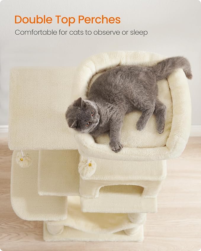 Feandrea Cat Tree, 44.1-Inch Cat Tower, Plush Multi-Level Condo with 4 Scratching Posts, 2 Perches, Hammock, Cave, Beige UPCT261M01