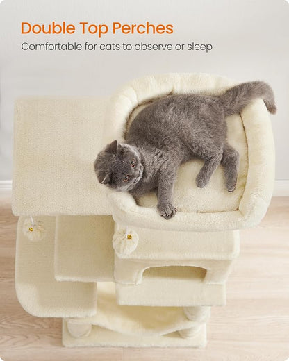 Feandrea Cat Tree, 44.1-Inch Cat Tower, Plush Multi-Level Condo with 4 Scratching Posts, 2 Perches, Hammock, Cave, Beige UPCT261M01
