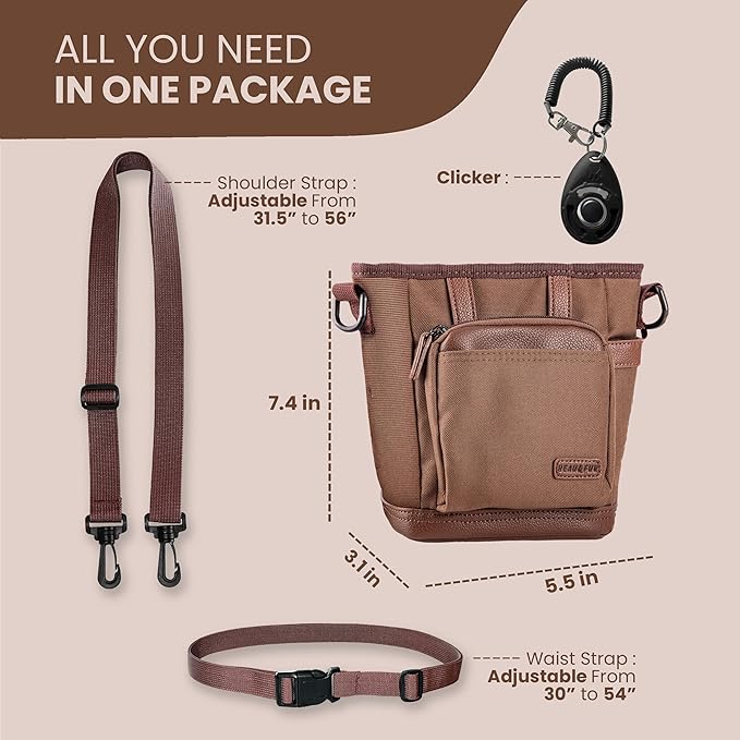 BEAU&FUR Large Dog Treat Pouch with Clicker for Training – 4 Cup Capacity, Built-In Poop Bag Dispenser, Expandable Pocket, Metal Buckle, Large Back Pocket, Ideal for Walks and Training – Dark Brown