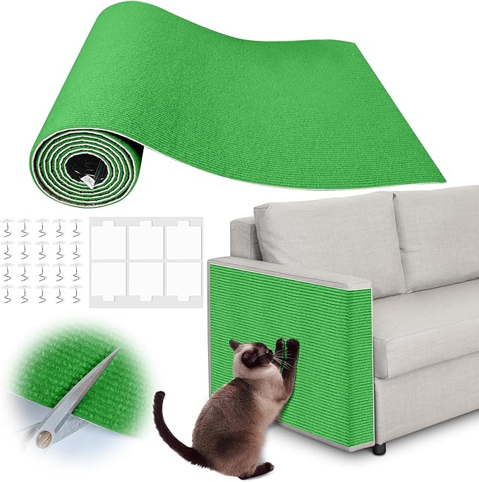 Cat Scratch Furniture Protector - 100" x 17" Trimmable Self-Adhesive Cats Claws Scratch Pads, DIY Cat Climbing Couch Protector for Scratch Post Cat Tree Replacement Indoor (Green)