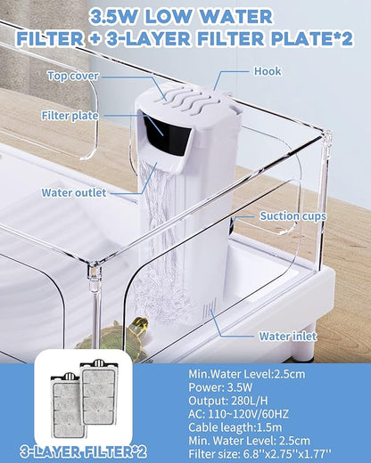 Aquarium Filter(3.5W), Fish Tank Filter, Low-Water Filter for Small Fish Tank and Turtle Tank, for Reptile Tank Up to 15 Gallon, with 2 Cartridges(White)