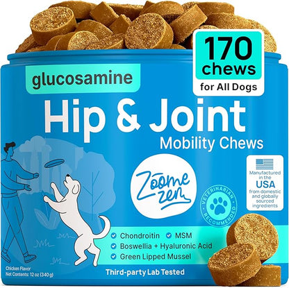 Hip and Joint Supplement for Dogs – Glucosamine for Dogs, Dog Joint Supplement, Mobility, Flexibility & Comfort, Chews with Glucosamine Chondroitin Msm & Omega3, 1 Pack,170 Chews,Made in USA