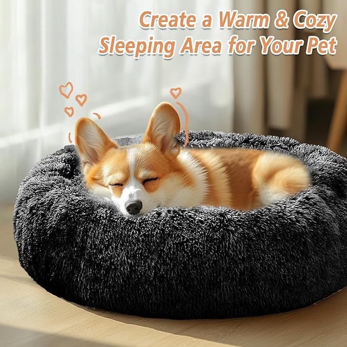 JOLLYVOGUE Small Dog & Cat Beds for Indoor Cats, Donut Cuddler Warming Soft Dog Beds with Anti-Slip Bottom, Round Calming Fluffy Plush Faux Fur Cushion Bed for Small Dogs (23", Black)