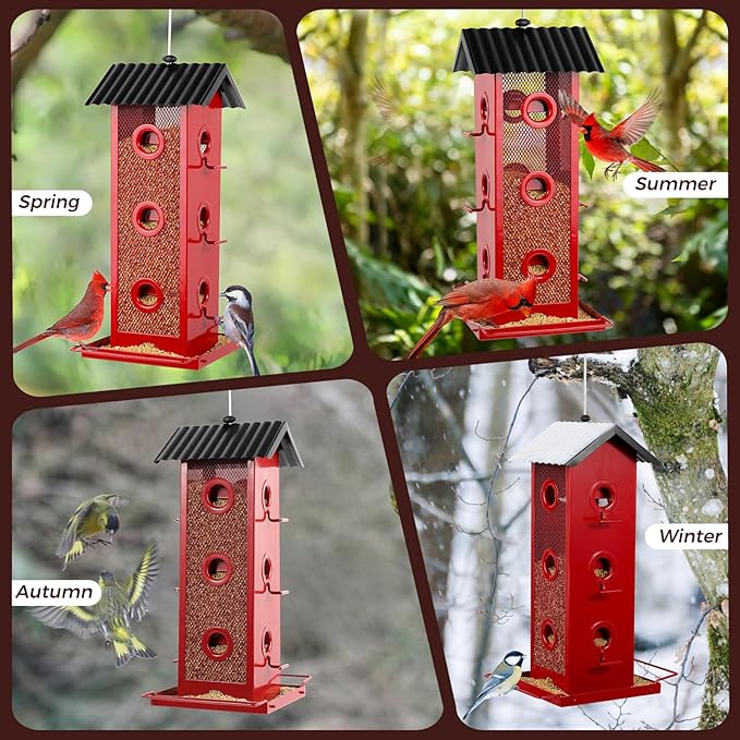 Shineforu All Metal Bird Feeder for Outdoors Hanging | 14-Port Multi-Bird Viewing | Rust-Proof, Waterproof & Easy-Clean | Attracts Cardinals, Finches, Chickadees & More (Elegant Red & Black)