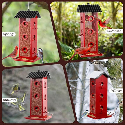 Shineforu All Metal Bird Feeder for Outdoors Hanging | 14-Port Multi-Bird Viewing | Rust-Proof, Waterproof & Easy-Clean | Attracts Cardinals, Finches, Chickadees & More (Elegant Red & Black)