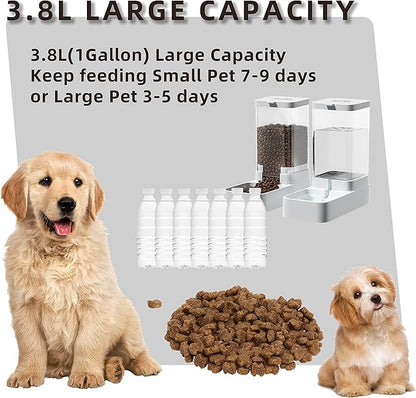 NKECOBJI Gravity Pet Feeder and Water Dispenser Set, Automatic Dog Feeder and Dog Water Dispenser for Dogs Cats Pets Animals Large Capacity(3.8L)