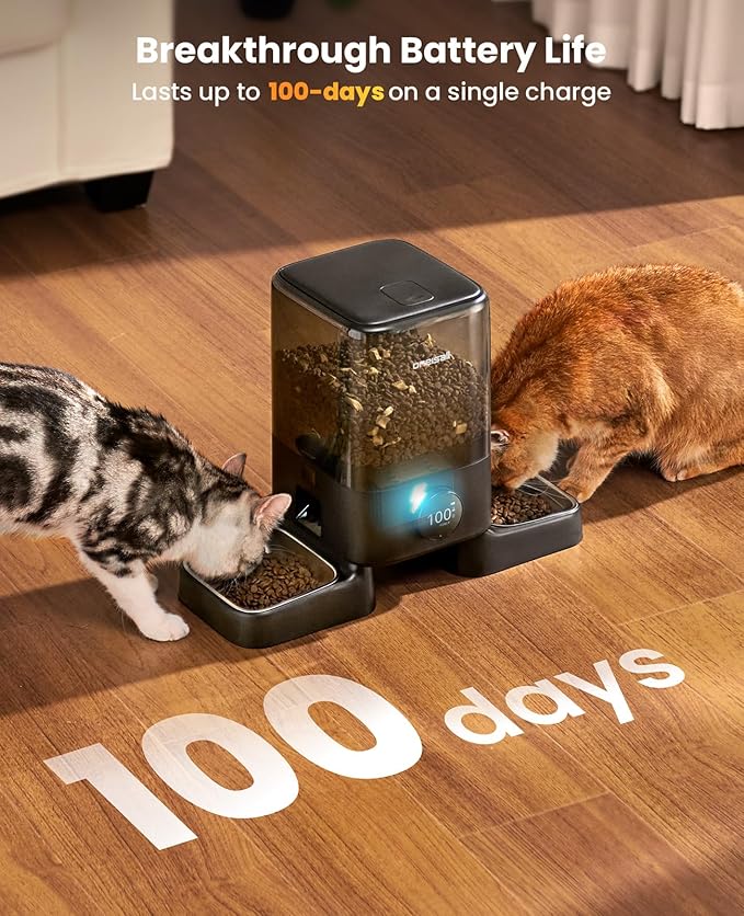 oneisall Cordless WiFi Automatic Cat Feeder for 2 Cats, Rechargeable 100-Day Battery Operated Auto Cat Feeder, 20 Cups/5L Timed Cats Food Dispenser Automatic for Large Kibble, Smart App Control